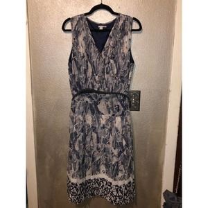 Halogen Fit & Flare Pleated Abstract Sleeveless w/ Belt Dress 12